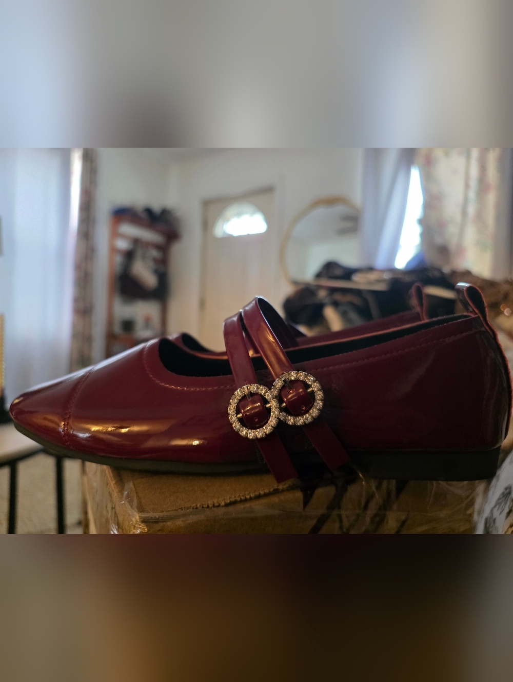 Women's Burgundy Patent Mary Jane Flats with Rhinestone Buckles